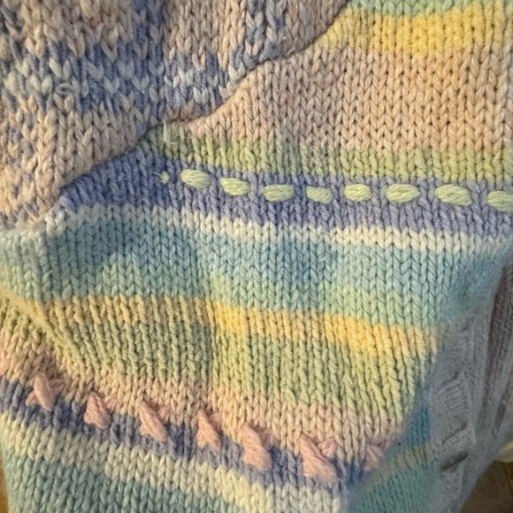 Vintage Pastel Grandma Hand Knit Geometric Striped Cardigan Button Up Sweater LG - Picture 14 of 16